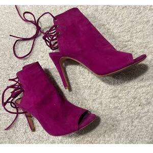 Joie Lexington Bootie Heels Peep Toe Suede Womens Size 37 Fuchsia Purple Lace Up